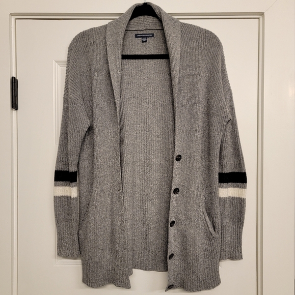 American Eagle Outfitters Grey Striped Knot Cardigan Sweater with Pockets - Picture 1 of 7